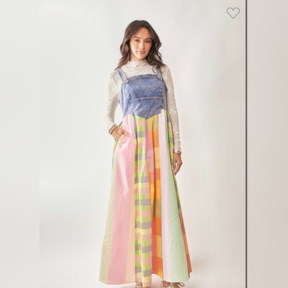 Colorful Plaid Denim Top Maxi Dress with pockets. Smocking Back Midi Dress - Picture 3 of 7